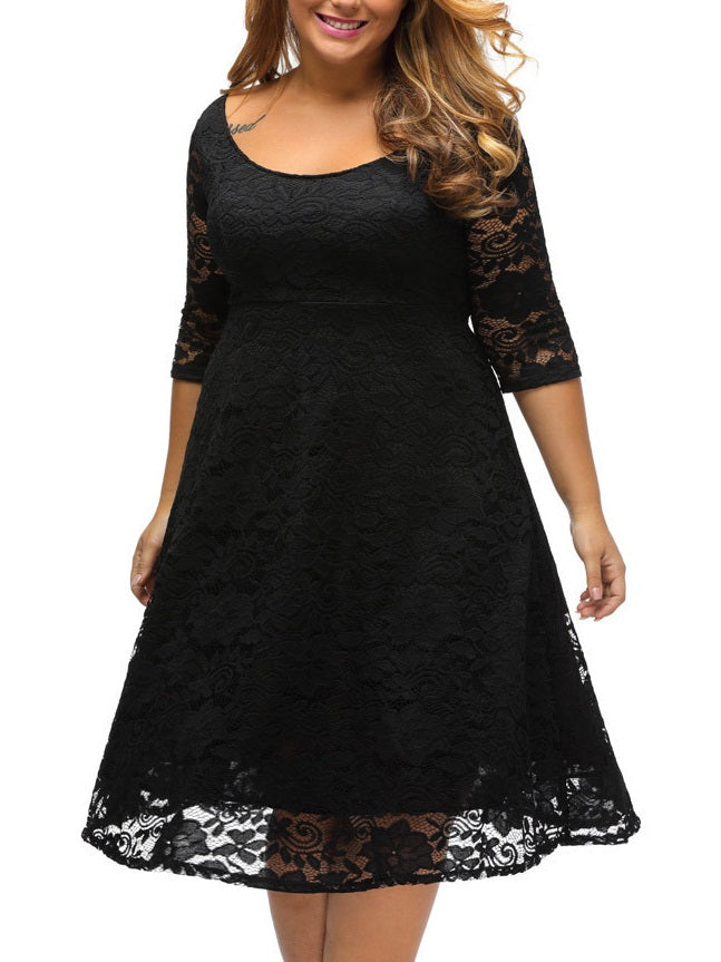 Sophi Plus Size Dinner Occasion Prom Wedding Dress Black Lace Wide Round Neck With Sleeve Mid Sleeve Dress