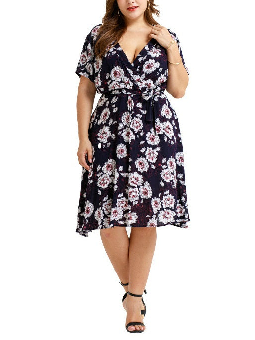 Tamra Plus Size Blue Floral Print Black V Neck Short Sleeve Dress (Suitable For Chinese New Year, Weekends, Office And Work) (EXTRA BIG SIZE)