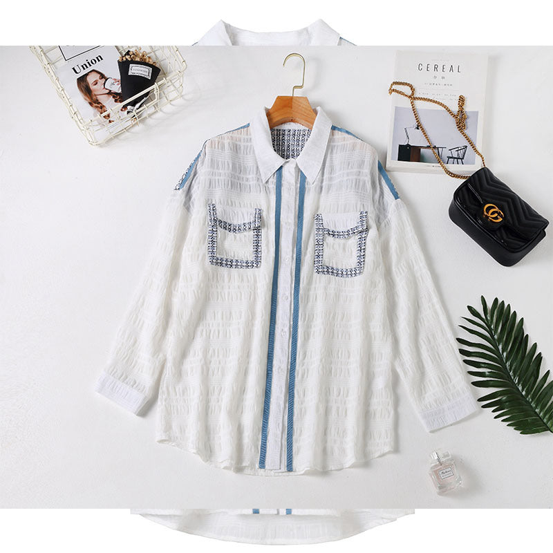 Kiarn Plus Size White Tweed Layer Long Sleeve Shirt Blouse