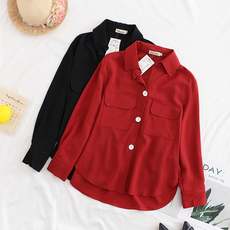 Valya Plus Size Big Buttons Pocket Long Sleeve Shirt Blouse (Red, Black)