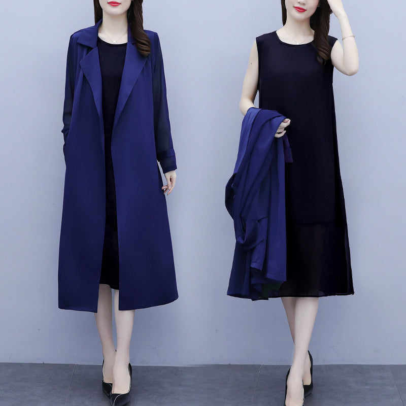 Kerianne Plus Size Black Sleeveless Dress And Trench Coat Set