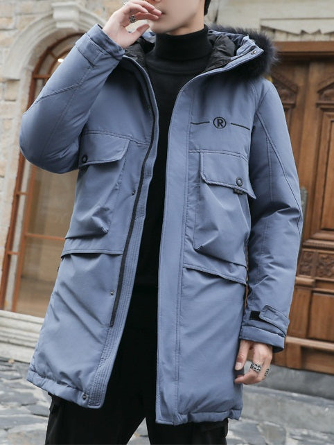 Men's Plus Size Padded Korean Style Windbreaker Parka Long Length Utility Design Winter Jacket with Black Fur Hoody (Black, Grey, Blue)