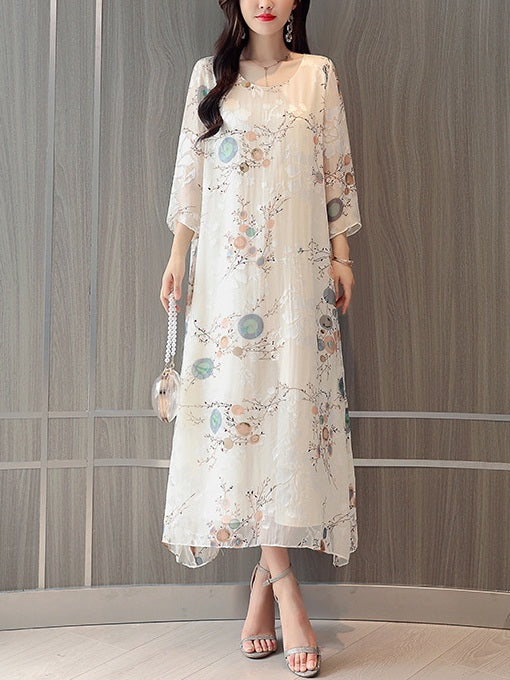 Sunako Plus Size Wedding Dinner Formal Work Dress White Floral Print Loose Mid Sleeve Midi Dress