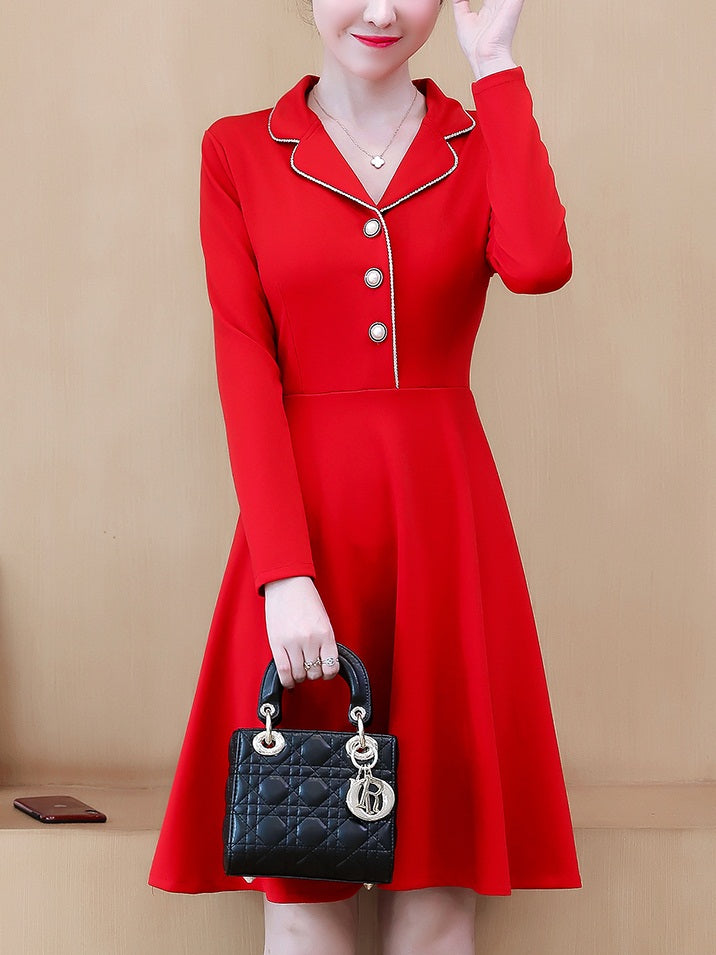Toy Plus Size Chanel-Esque Buttons Collared Swing Long Sleeve Shirt Dress (Black, Red)