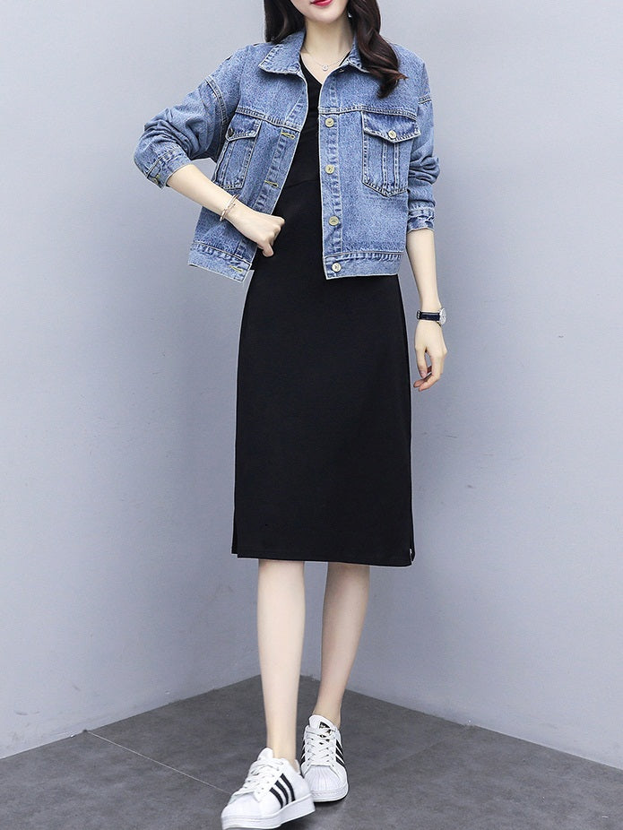 Zeina Plus Size Denim Jacket and Black Off Shoulder Short Sleeve Midi Dress (Black)