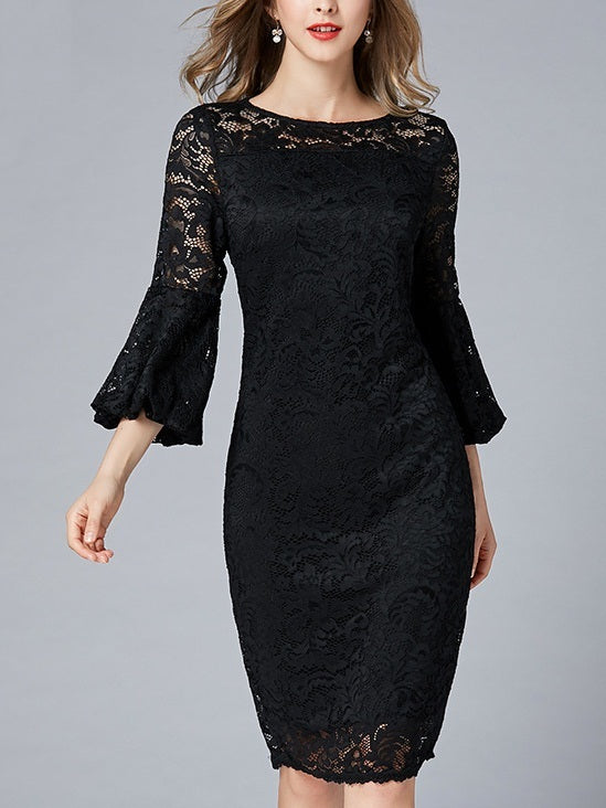 Michaya Black Lace Bell Sleeve Plus Size Formal Wedding OccasionMid Sleeve Dress
