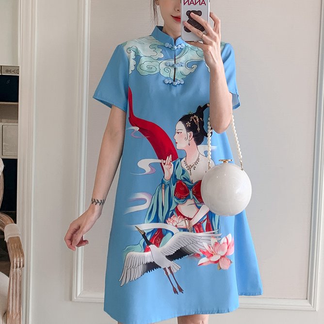 Plus Size Blue Elegant Chinese Woman Short Sleeve Dress Cheongsam