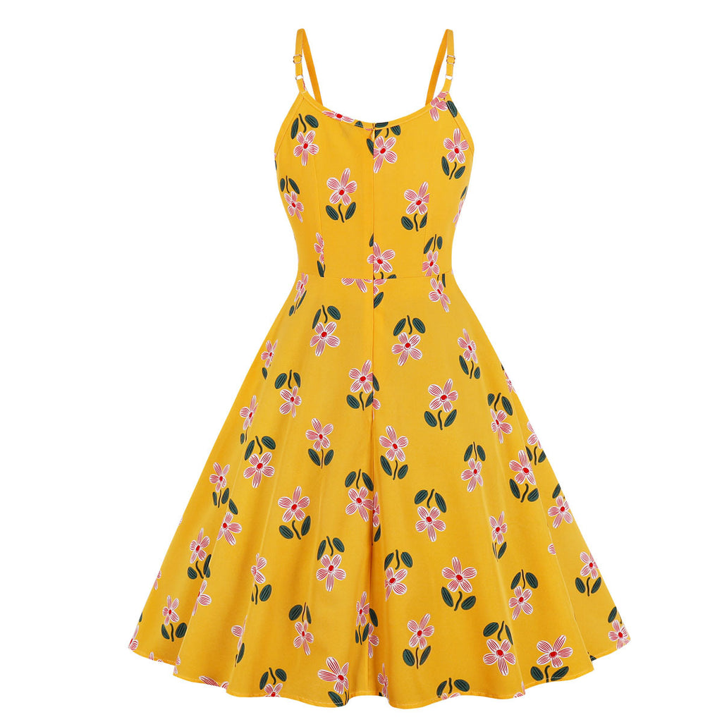 Plus Size Vintage Cute Yellow Floral Swing Sleeveless Dress