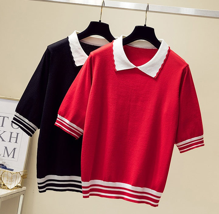 Zamia Plus Size Knit Short Sleeve Shirt Blouse (Red, Black)