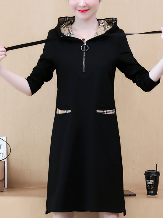 Toya Plus Size Print Checks Hoody Sweater Long Sleeve Dress (Black)
