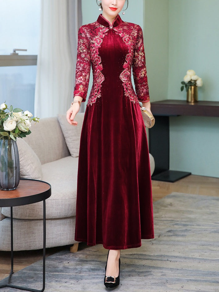 Sundara Plus Size Cheongsam Qipao Wedding Dinner Formal Evening Mother of The Bride Dress Gold Floral Lace Mid Sleeve Maxi Dress Gown Red Purple