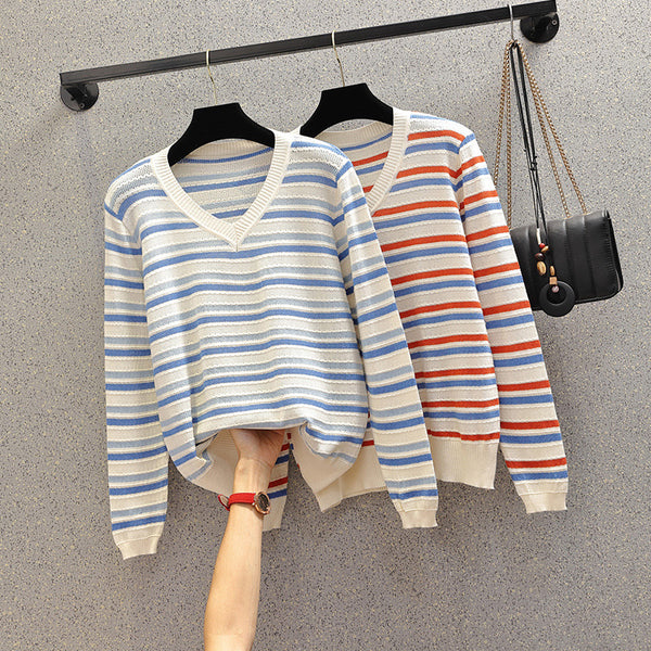 Leesa Plus Size Knit Stripe Sweater Long Sleeve Top