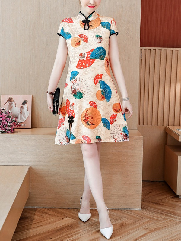 Tiarna Plus Size Cheongsam Qipao Orange Japanese Fan Oriental Print Short Sleeve Dress