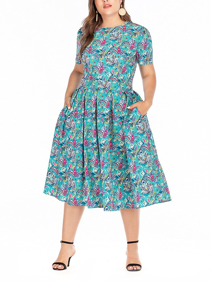 Whisper Plus Size Paisley Blue Print Artsy Swing Pleats Short Sleeve Midi Dress (EXTRA BIG SIZE)