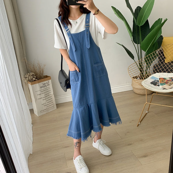 Zeisha Plus Size Short Sleeve T Shirt Top and Denim Dungaree Sleeveless Dress Set (Blue Tee + White Dress, White Tee + Blue Dress)