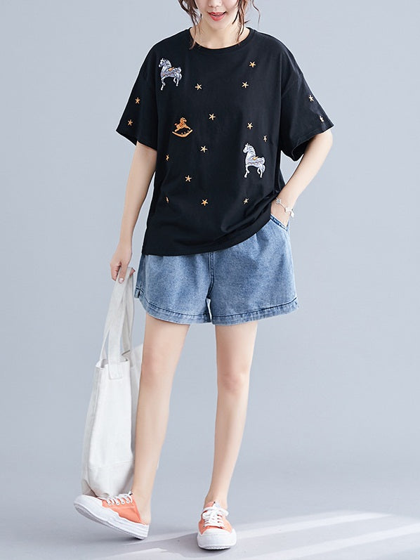 Rebeca Horse and Stars Embroidery Tee Shirt (Black, White)