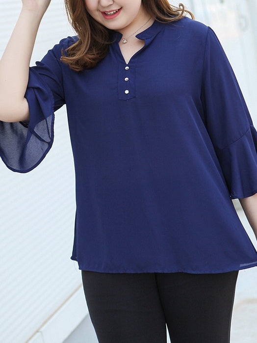 Valyn Valyn Plus Size Buttons V Neck Chiffon Bell Sleeve Mid Sleeve Blouse (EXTRA BIG SIZE) (Black, Blue, Printed)