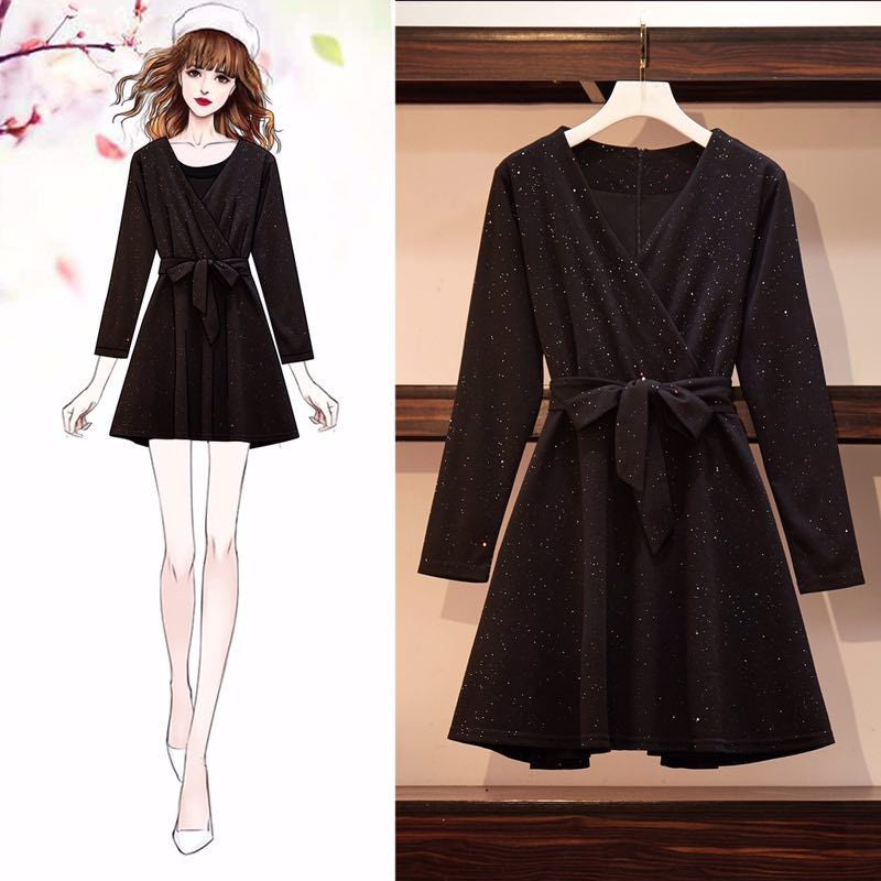 Sheryl V Neck Wrap Neckline Waist Ribbon Tie L/S Dress