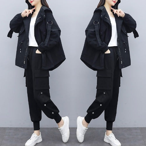 Leisha Plus Size Windbreaker Utility Jacket And Trackpants Set