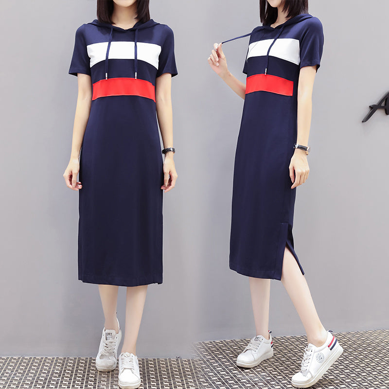 Daveney Plus Size Stripes Hoodie Short Sleeve T Shirt Dress (Blue,Black)