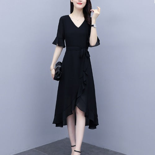 Kore Plus Size Wrap V Neck Chiffon Short Sleeve Midi Dress