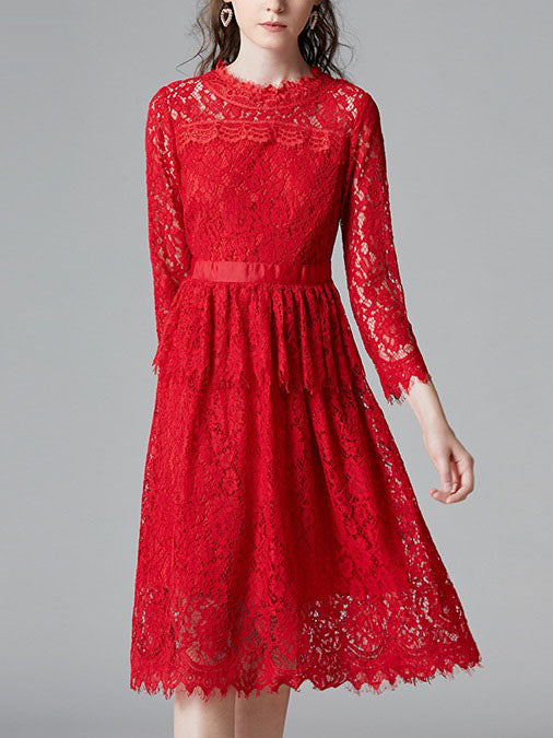 Shonna Red Eyelash Lace Mid Sleeve Dress