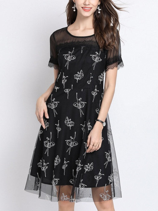 Quindelia Ballerina Embroidery Tulle Black Dress