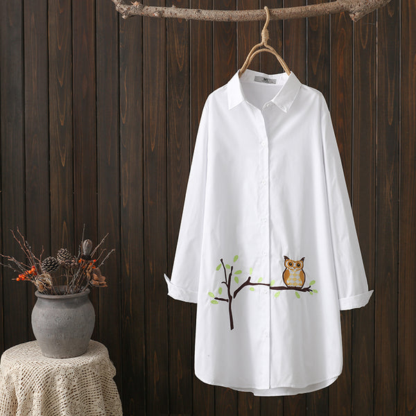 Kamila Plus Size Owl White Tunic Long Sleeve Shirt Blouse (Muslimah Friendly) (EXTRA BIG SIZE)