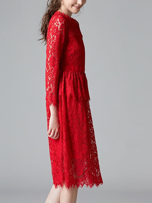 chinese dress ladies Shonna Red Eyelash Lace Mid Sleeve Dress – Pluspreorder