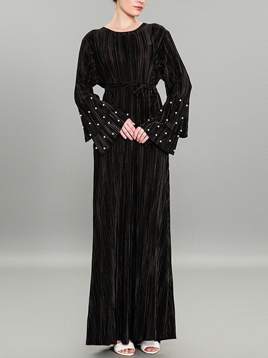 Morinne Velvet Pleat Pearl Tier Sleeve Maxi Dress