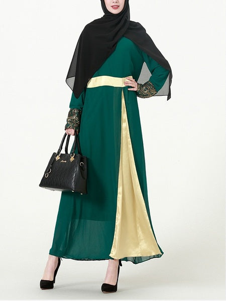 (L-7XL) Kim Kima Gold Satin Trim Plus Size Abaya Long Sleeve Maxi Dress