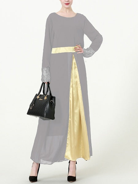 (L-7XL) Kim Kima Gold Satin Trim Plus Size Abaya Long Sleeve Maxi Dress (3 Colours)