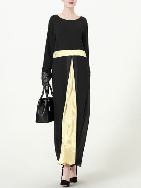 (L-7XL) Kim Kima Gold Satin Trim Plus Size Abaya Long Sleeve Maxi Dress (Suitable for Formal Occasions)