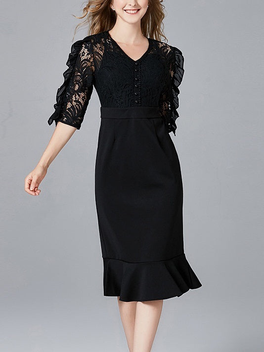 Maezie Lace Frill Sleeve Mermaid Midi Dress