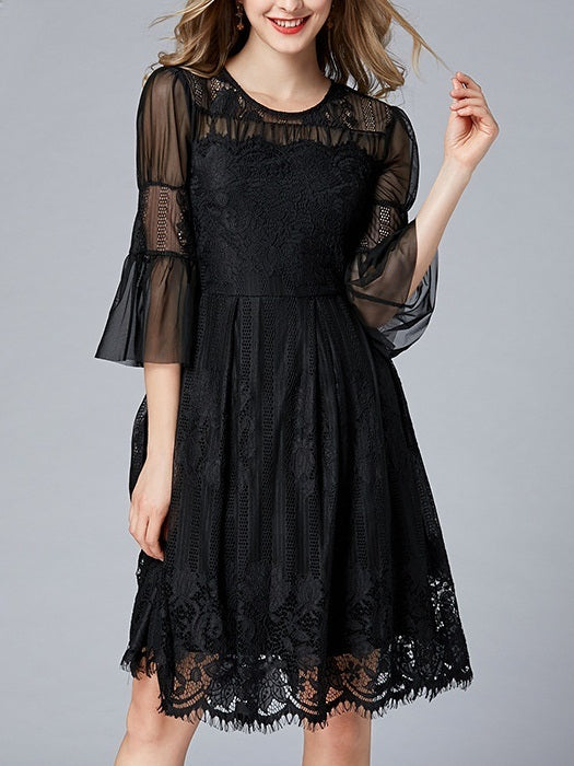 Michayla Black Lace Bell Sleeve Plus Size Formal Wedding Occasion Mid Sleeve Dress