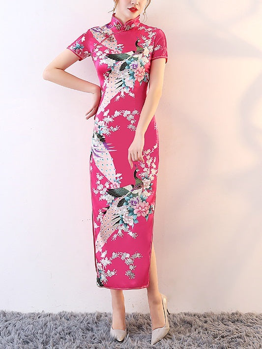 Medusa (Bust 82-116CM) Elegant Plus Size Gown Cheongsam Qipao Mother of The Bride Oriental Occasion Evening Wedding Party Short Sleeve Maxi Dress (Light blue, Dark blue, Red, Deep pink, White, Light pink)