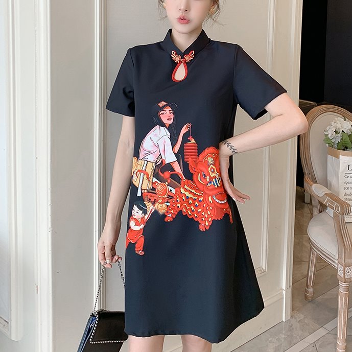 Plus Size Young Lunar Lantern Girl Cheongsam Short Sleeve Dress