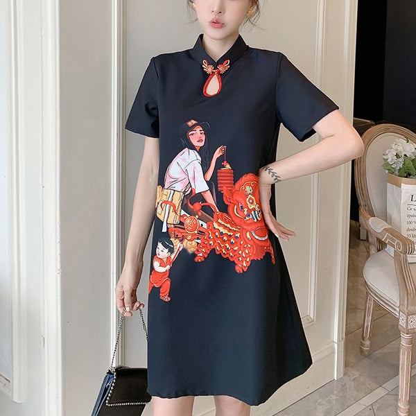 Plus Size Young Lunar Lantern Girl Cheongsam Short Sleeve Dress