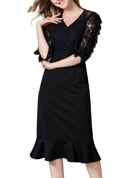 black glitter hoco dresses Maezie Lace Frill Sleeve Mermaid Midi Dress – Pluspreorder