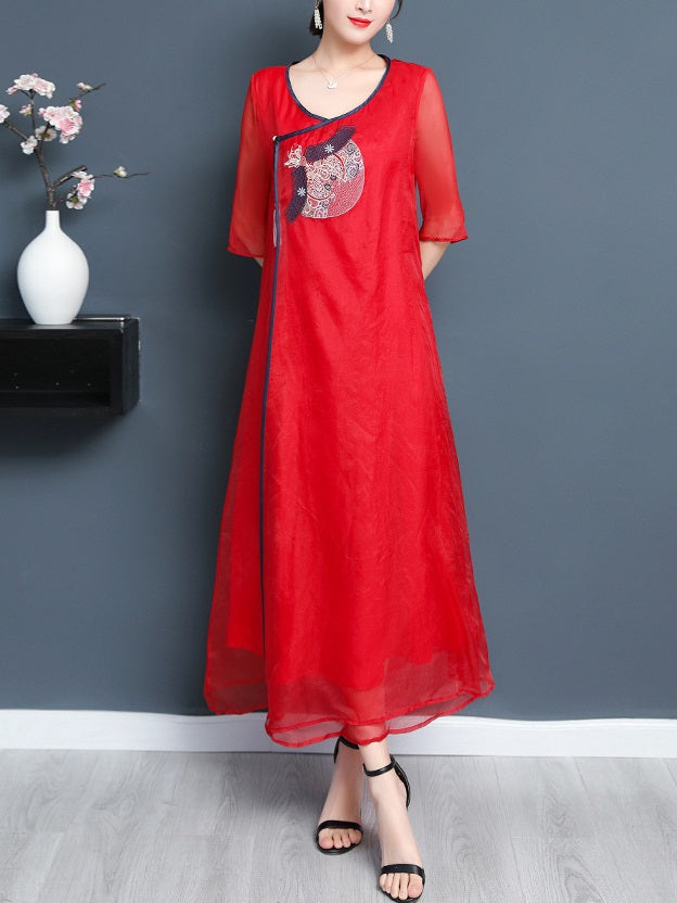 Talullah Plus Size Cheongsam Qipao Casual Work Office Dinner Chinese New Year Layer Organza Oriental Chinese Embroidery Mid Sleeve Midi Dress (Red, White, Blue)