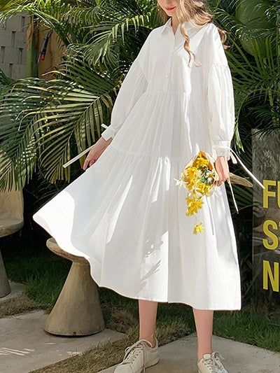 Yessenia Plus Size Ribbon Tier Long Sleeve Midi Shirt Dress