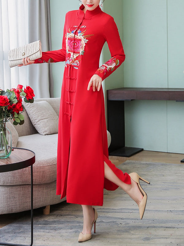 Tris Plus Size Cheongsam Qipao Chinese Embroidery Buttons Long Sleeve Maxi Dress Gown (Suitable For Weddings, Chinese New Year,  Mother Of The Bride And Weekends)