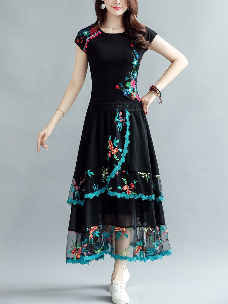 Timbre Plus Size Colourful Ethnic Floral Swing Layer Midi Skirt (Suitable For Chinese New Year)