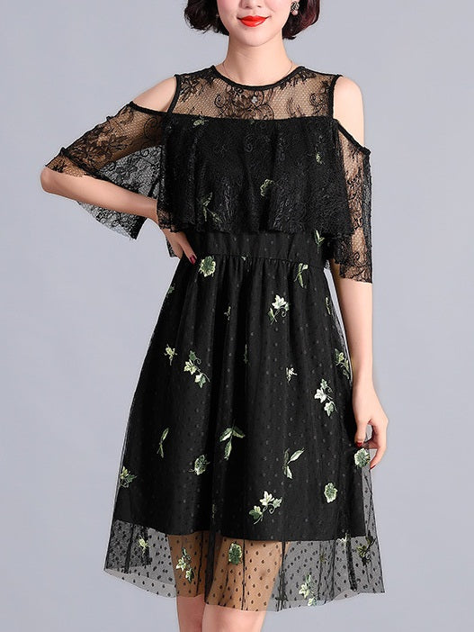 Rohanna Lace Off Shoulder Tulle Floral Embroidery S/S Dress