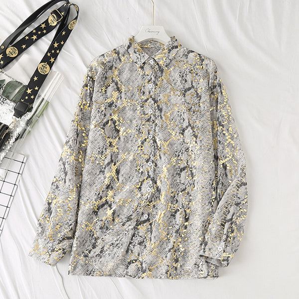 Kit Plus Size Gold Snake Print Long Sleeve Shirt Blouse (Muslimah Friendly)