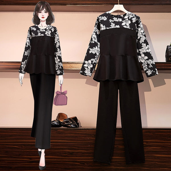 Xymeria Plus Size Black Floral Peplum Long Sleeve Top And Straight Leg Black Pants Set