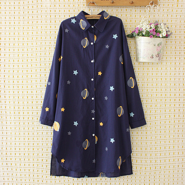 Ysela Plus Size Planets And Stars Embroidered Long Sleeve Shirt Blouse / Long Sleeve Shirt Dress (White, Blue) (Muslim Wear Friendly)