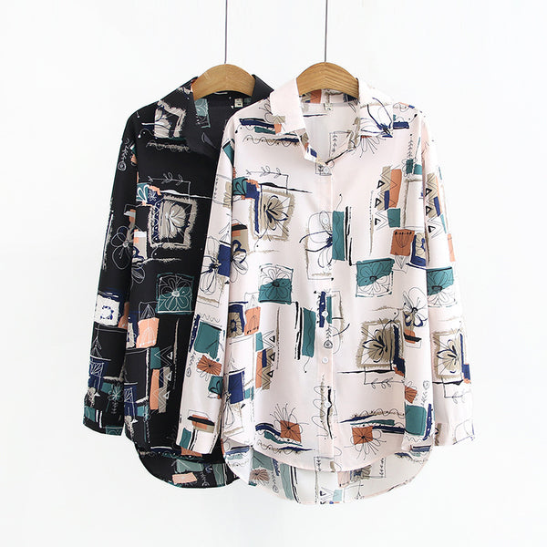 Plus Size Muslimah Friendly Vintage Print Long Sleeve Shirt Blouse