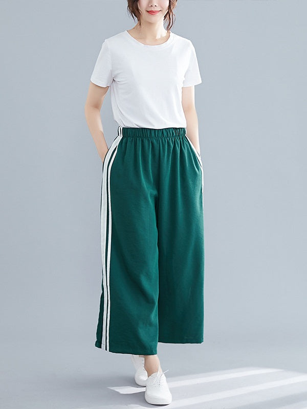 Rebecca Slit Wide Leg Culottes Stripe Track Pants (Green, Black)
