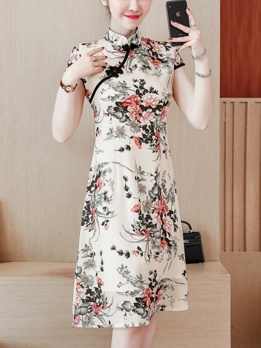 Tiarne Plus Size Cheongsam Qipao Beige Chinese Floral Print Short Sleeve Dress